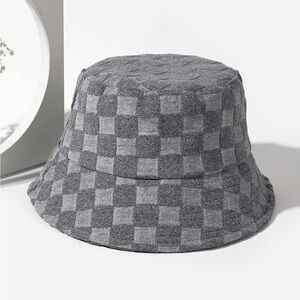 Trendy Grey Checkerboard Pattern Velvet Bucket Hat OS New